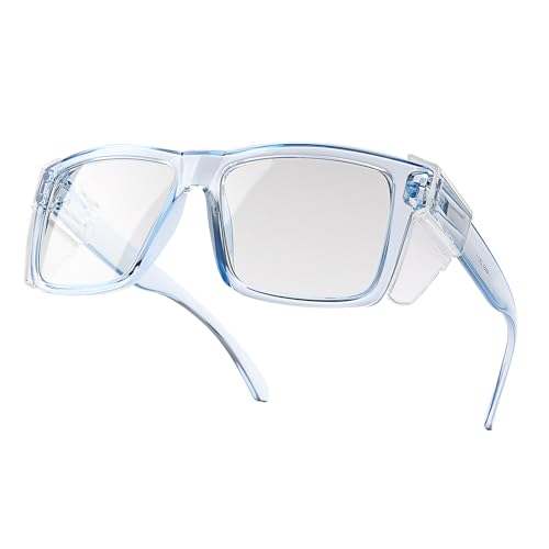 INTETEK Z87 Safety Glasses with UV400 and Blue Light Protection, Photochromic Lenses, Removable Side Shields, Durable Work Glasses for Construction and Industrial Job Sites(Clear Blue)
