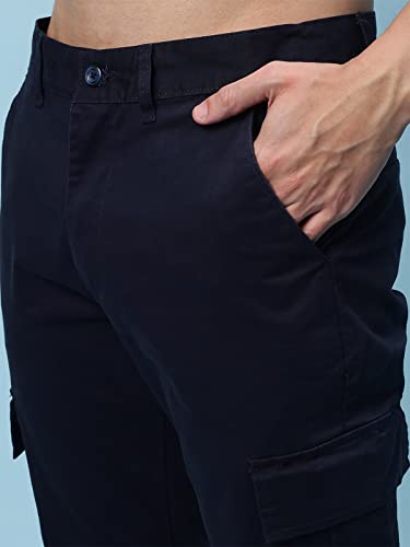Image of Veirdo Cotton Spandex Non-Elasticated Mid Rise Navy Blue Ankle Length Joggers for Men (VJR0223NYCT016)