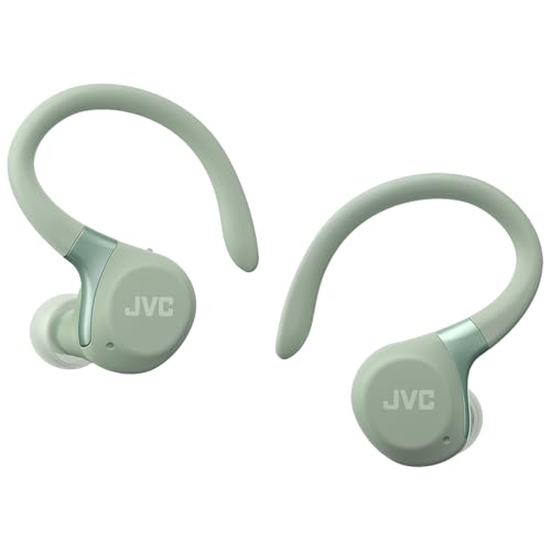 JVC Auriculares Inalámbricos Deportivos HA-EC75T, Ganchos Ajustables, 40h Batería, Cancelación de Ruido + Modo Ambiente, Resistencia IP57, Baja Latencia, Micrófono – Verde