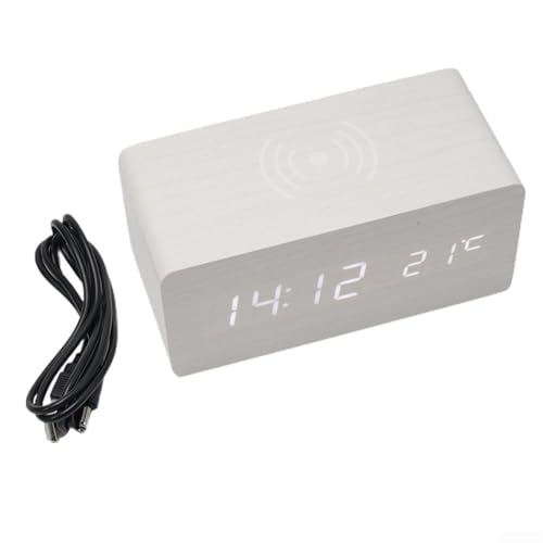 Réveil numérique en bois avec chargement sans fil, affichage de la date LED, horloge de nuit à intensité variable, horloge de bureau alimentée par USB pour décoration de bureau moderne, 12/24 heures