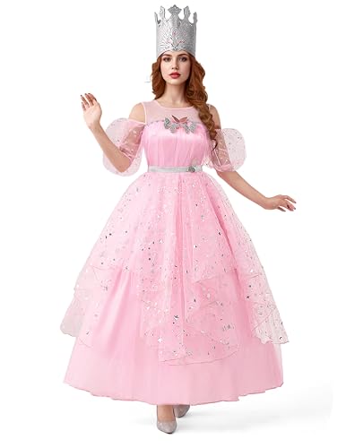 Spooktacular Creations Halloween Good Witch Costume Dress Women, Pink Fairy Witch Ball Gown Princess Evening Dress With Tiara for Dancing Themed Parties(Large)