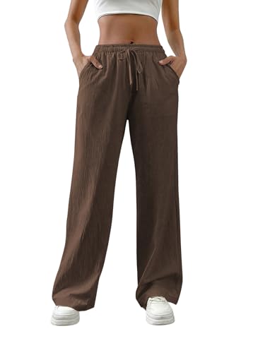 Image of TOPLOT Women's Linen Blend Wide Leg Palazzo Pants | Elastic Drawstring Waist Trousers for Woman | Relaxed Fit Casual Lounge Trousers | Breathable Straight Leg Everyday Bottom Wear (5268)