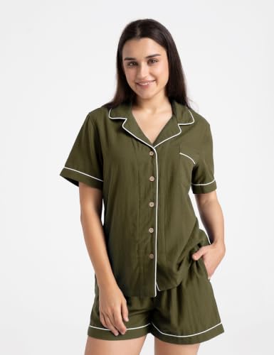 Image of Womens Muslin Pajama Sets 100% Cotton Double Gauze Linen Like Short Pjs | Breathable Soft Comfort Button Up Loungewear Sleepwear PJ Set