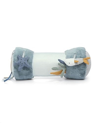 Mamas & Papas Tummy Time Roll, Interactive Soft Baby Pillow with Integrated Rattle, Welcome to The World, Blue