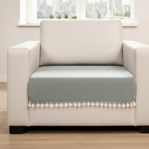 Image of HOMEMONDE 1 Seater Sofa Cover with Tassels |Soft, Durable & Textured Chenille Fabric with Tassels | Sofa Cover Mats for Living Room, Bedroom, or Drawing Room (76 X 61 CM, Silver Grey)