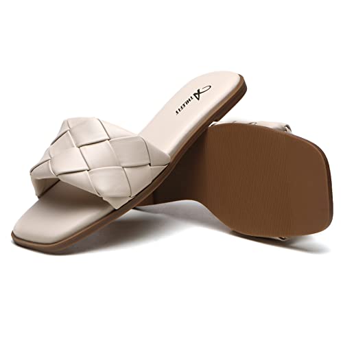 Athlefit Women's Braided Flat Sandals Square Open Toe Woven Slip On Slide Sandals Beige Size 8 #TOP5
