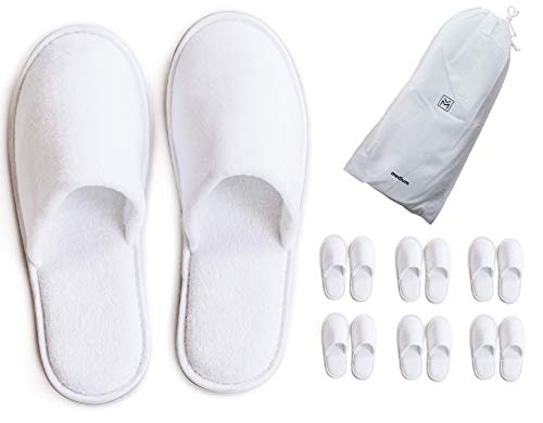 MODLUX Spa Slippers - 6 Pairs of Medium Sized Cotton Velvet Closed Toe Spa Slippers with Travel Bags, Comfortable and Non-Slip - Perfect For Home, Hotel or Commercial Use (6 Pack Medium, White)