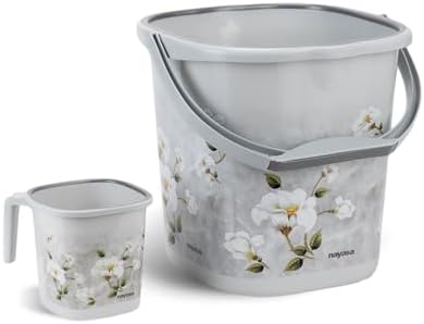Nayasa Square Ring Marble Plastic Set for Bathroom | Bucket and Mug (25 Liters & 1.5 Liters) | Bathroom Set of 2 | Bathroom Accessories Set | Bathroom Bucket Set | Grey