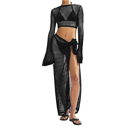 LANNEW Women's Swimsuits Cover Ups Set for Crochet Bathing Suit Hollow Out 2 Piece Bikini Coverup Beach Swimwear Black Cover