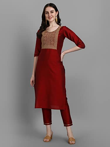 VredeVogel Women's Embroidered Cotton Silk Blend Kurta Pant Set with Dupatta