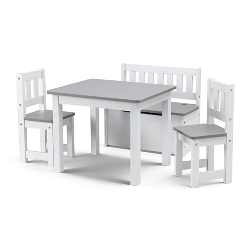 Keezi 2 in 1 Kids Table and Chair Set, Activity Table with Storage Bench and 2 Chairs for Reading, Drawing, Writing, Snack Time & Arts Crafts, 4 PCS Toddler Table and Chair Set, Grey