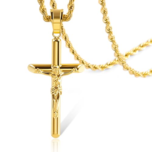 ALEXCRAFT Collana Croce Uomo Oro Collana Crocifisso Gesu Cristo Acciaio Inossidabile Uomo Collana Croce Dorata Donna Oro 55+5cm