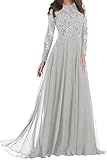 Vintage Mother of The Bride Dresses Long Evening Formal Gowns Long Sleeve Lace Applique Beaded Chiffon for Women Silver