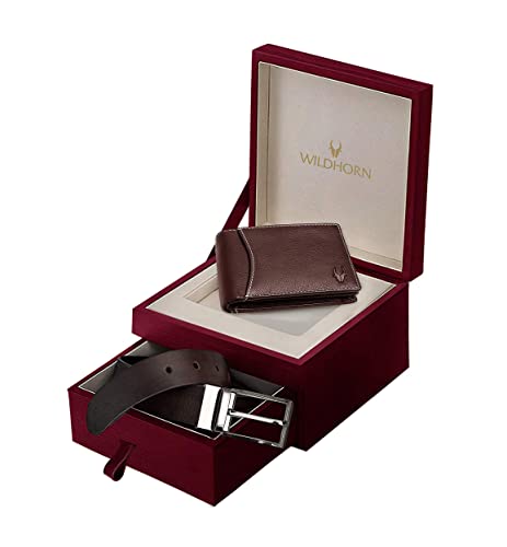 Image of WildHorn Gift Hamper for Men I Leather Wallet & Belt Combo Gift Set I Gift for Friend, Boyfriend,Husband,Father, Son etc (Brown)