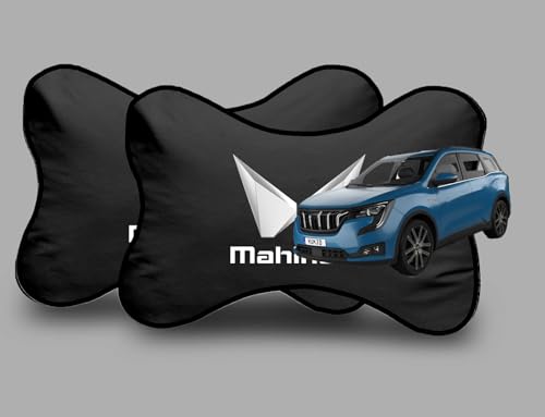 Image of Car Company Logo Neck Headrest Pillow Compatible with All Mahindra Model Pain Relief, Cervical Neck Support Pillow, 22 x 16 cm, 2 Pieces, Black