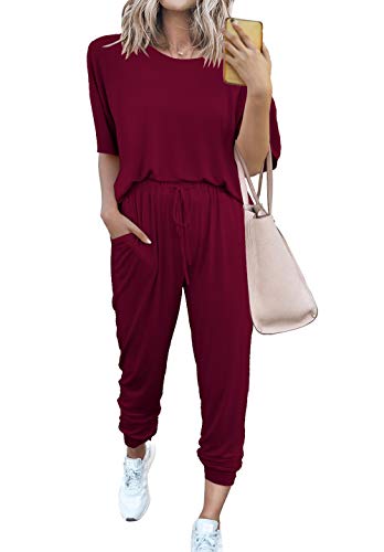 PRETTYGARDEN Womens Two Piece Outfit Short Sleeve Pullover with Drawstring Long Pants Tracksuit Jogger Set with Pockets Wine Red