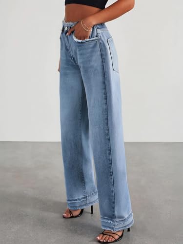 Women's Wide Leg Jeans Stretchy High Waisted Baggy Jeans for Woman 2025 Trendy Frayed Raw Hem Denim Pants2