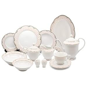 Dinnerware Sets for 8 – Vintage Antique Gold 57 Piece Pink and White With Floral Pattern Fine Porcelain Dish Set for Everyday Use or Formal Occasions