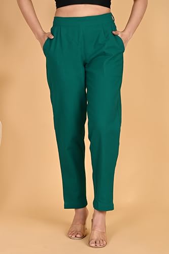 Image of Women's Solid Straight Fit 100% Cotton Trousers | High Waist, Side Pockets, Ankle Length Pants for Office, Casual