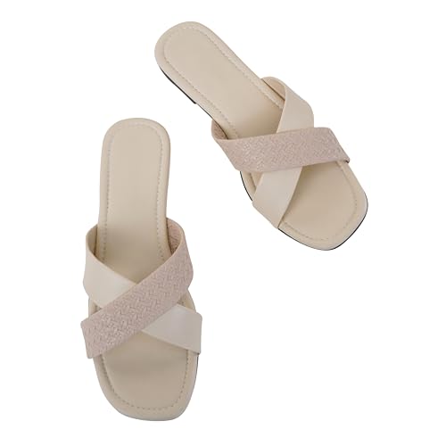 Image of Women's Cross Strap Textured Flat Sandals - Stylish and Comfortable Slip-On Flats