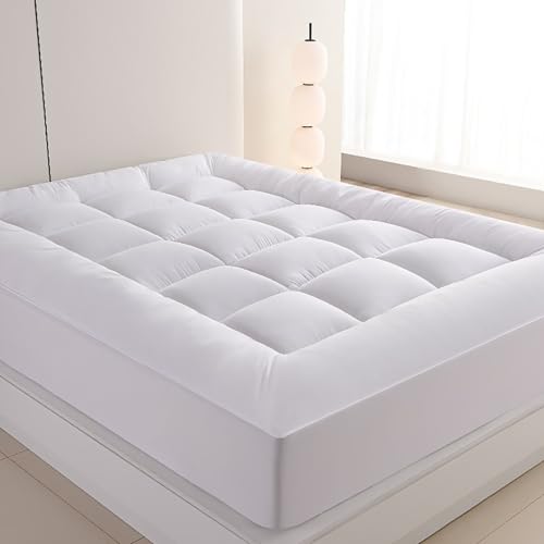 BK&MF Sobrecolchón Ajustable Esponjoso, colchón Acolchado Bolsillo Profundo, Cubierta elástica Adaptada para colchones de 20 a 46 cm de Altura,Blanca,90x200cm(35x79inch)