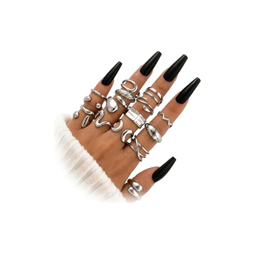17KM 16 PCS Silver Chunky Rings Set for Women, 14k Silver Plated Thick Dome Stackable Open Rings Trendy Dainty Minimalist Jewelry Gifts-1