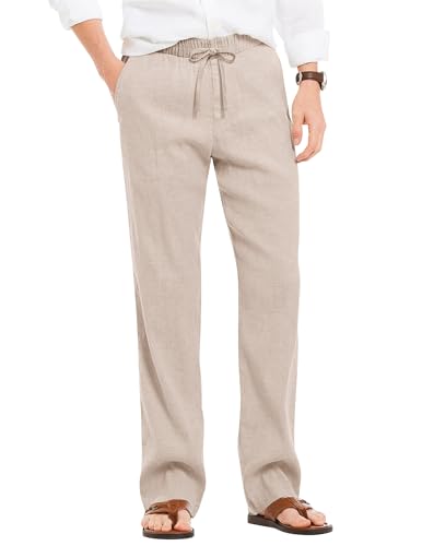 COOFANDY Men Casual Drawstring Yoga Pants Loose fit Elastic Waist Slacks for Beach Wedding Travel Resort Khaki