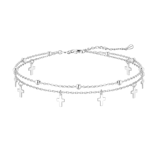 Image of CHIC & ARTSY 925 Sterling Silver Ankle Bracelets for Women, Dainty Adjustable Layered Foot Chains with Symbolic Charms, Boho Beach Everyday Lightweight Jewelry