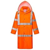 ProtectX High Visibility Waterproof Rain Coat for Men, Reflective One-piece Rain Jacket, Heavy Duty Long Rain Suit, Hi Vis Safety Gear with 300D Oxford, ANSI Class 3, Orange, Large
