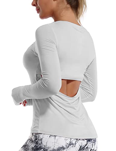 Bubblelime Camisa de entrenamiento para mujer con nudo frontal y espalda abierta, muy suave - Gris - Small