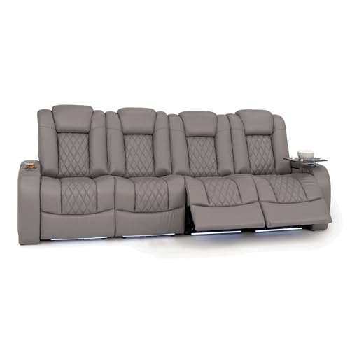 Image of Seatcraft Virtuoso LT Gray Italian Leather Home Theater Seating, Zero Gravity Power Recliner, Powered Headrest and Lumbar Gaming and Home Office Chair, Heat and Massage Lounge Sofa, Row of 4 Sofa