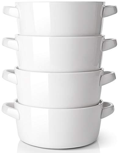 DOWAN Soup Bowls with Handles 24 ounces Ceramic Serving Soup Bowl Set for kitchen White French Onion Soup Crocks Oven Microwave Dishwasher Safe Large Stackable Handled Bowls Set of 4