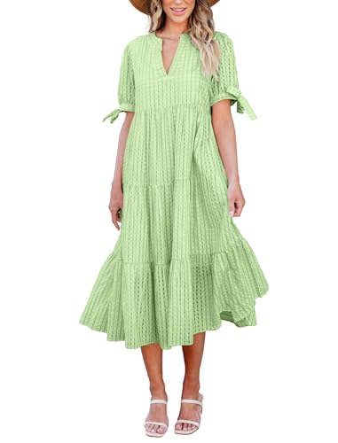 Image of Theenkoln Womens Casual Midi Dress: Short Sleeve V-Neck Empire Waist Gingham Spring Fashion Long Trendy Tiered Formal Dresses