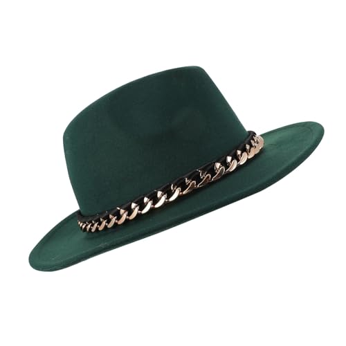 Chapeau fedora en laine vert foncé HOMSFOU avec chaîne et visière plate
