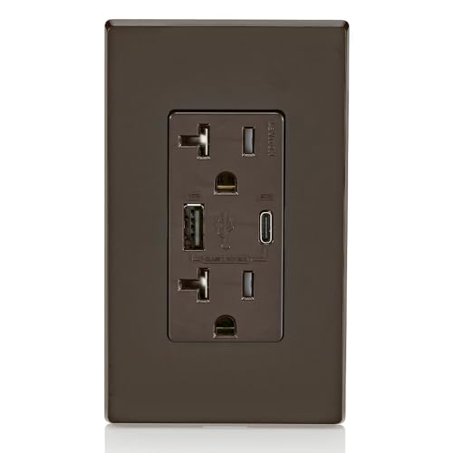 Image of Leviton T5834-B 60W (20V@2.5A+ 5V@2A) USB Dual Type A /Type-C Power Delivery in-Wall Charger with 20A Tamper-Resistant Outlet, USB Charger for Smartphones, Tablets, Laptops, Brown