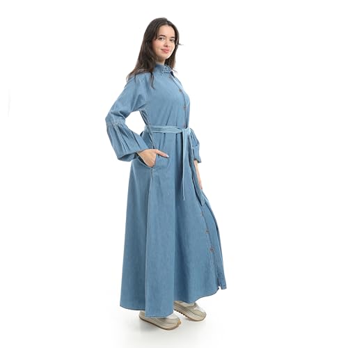 Andora Light Blue Long Sleeves Buttons Closure Denim Dress-Light Blue-5XL