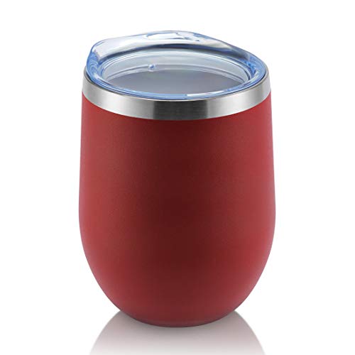 DOMICARE Insulated Wine Tumbler with Lid (1 Pack, Red) - 12 OZ Stemless Double Wall Vacuum Traval Mug - Keeping Cold & Hot for Wine, Coffee, Cocktails, Drinks