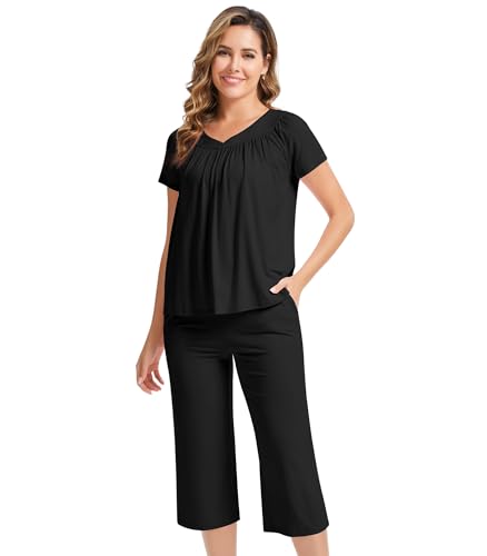 Image of NACHILA Pajamas for Women-Viscose Made from Bamboo, Short Sleeve Sleepwear Soft Capri Pants Pajama Set Pleated Loungewear