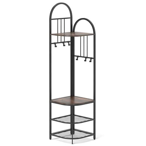 GHHVFEC Porte-Manteau d'angle autoportant de 180 cm de Haut avec Banc à Chaussures, 6 Crochets Amovibles, 4 étagères, Style Rustique Marron et Noir, idéal...