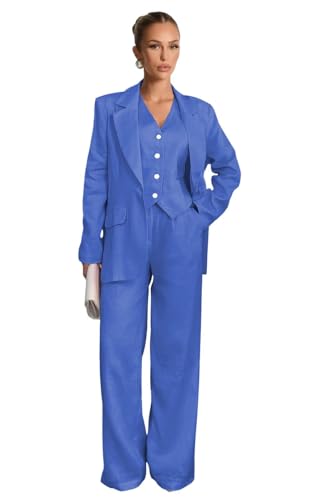 Linen Womens Suits 3 Piece Plus Size Blazer Waistcoat Pants Solid Notch Lapel Pant Suits for Women Party Dark Blue Street Shot Tuxedo Size XX-Large