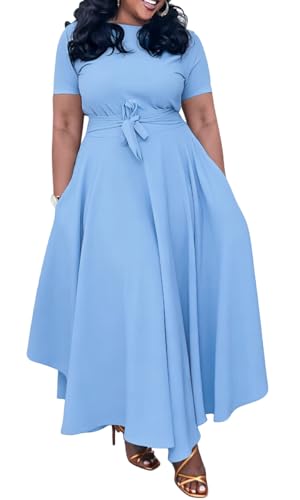 Image of BFFBABY Plus Size Dress A Line Dresses for Women Summer Long Dresses with Sleeve Casual Belted