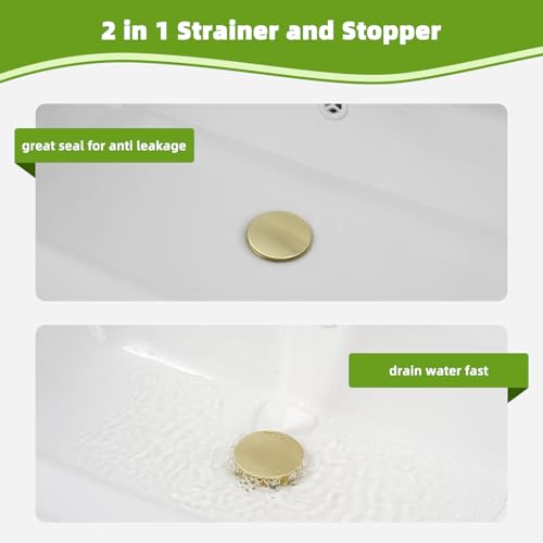 Image of Universal Bathroom Sink Drain Stopper Strainer, 2PCS, Brushed Gold | 2 in 1 Pop Up Sink Stopper for 1.1''~2.36'' Sink Basin Hole, Hair Catcher with Removable Stainless Steel Filter Basket