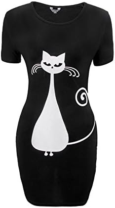 INSPOP Women Round Neck Short Sleeves Pockets tee shirt Cat Print Slim Tunic Tops Dress