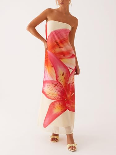 Image of Women Floral Graphic Tube Maxi Dress Bodycon Off Shoulder Bandeau Dresses Aesthetic Long Dress Summer Streetwear(Floral Orange,M)