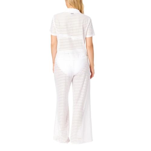 Hurley Women's 2 Piece Crochet Swim Cover Up Set, Short Sleeve Top and Pant (White, Large)3