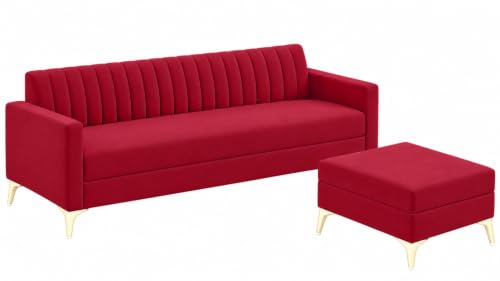 Image of AMATA Falcon 4 Seater Fabric Suede Velvet red Colour Sofa Set with Two Cushions Perfect for Home Office Guests Living Room (Falcon red 01, Falcon 4 Seater l Shape)(3 Year Warranty)