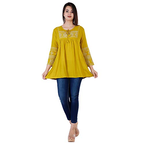 Image of Shiva Fab Women's Rayon Embroidered Regular Short Fit Tops Girls Pack of 1 Top (XX-Large, Mustard EMB)
