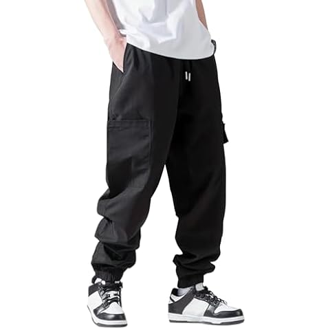 LYRXXX Men's Casual Cargo Pants Hiking Workout Pants Cotton Drawstring Joggers Pants Sweatpants for Men,Black Cover