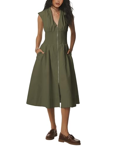 Women Sleeveless Midi Dress Summer Casual V Neck Zip Front Smocked Shirt Dress with Pockets