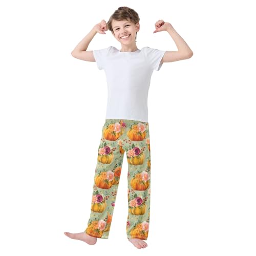 Pajama Pants Lounge Sleep PJ Bottoms Sleepwear Elastic Waist Drawstring S Pumpkin Flower Leaves3